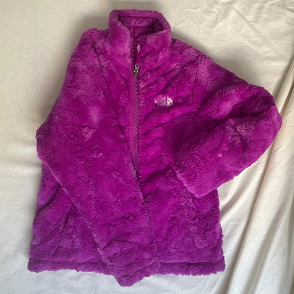 North Face Girls Reversible Mossbud Puffer Fleece Jacket Pink-Purple 14-16 Large - Picture 3 of 4